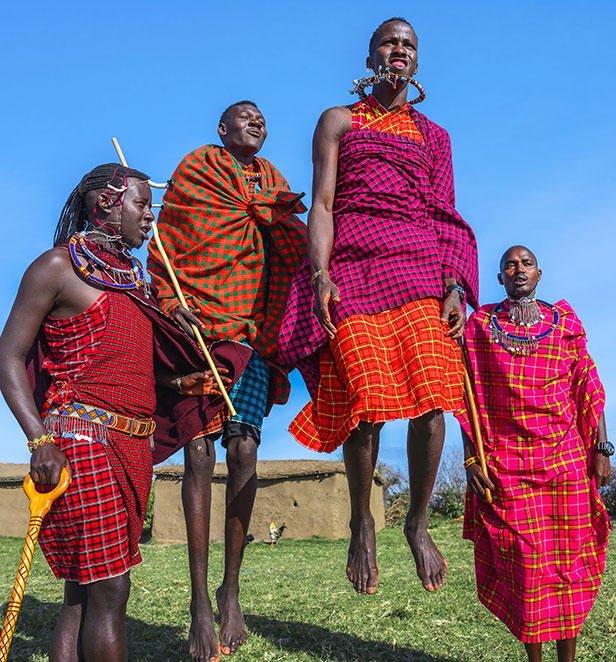 An African tribe dressed in colourful traditional clothing 