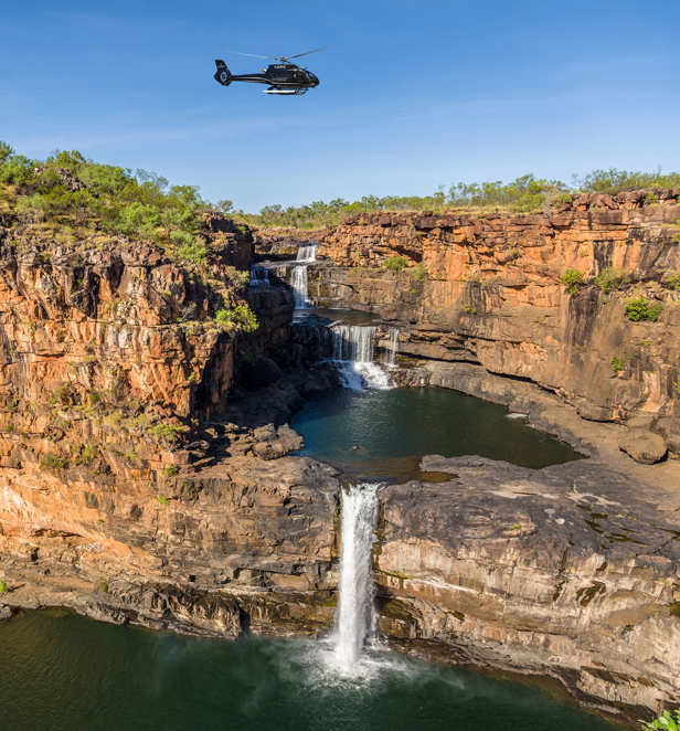 Scenic helicopter flying over Mitchell Falls, Kimberley