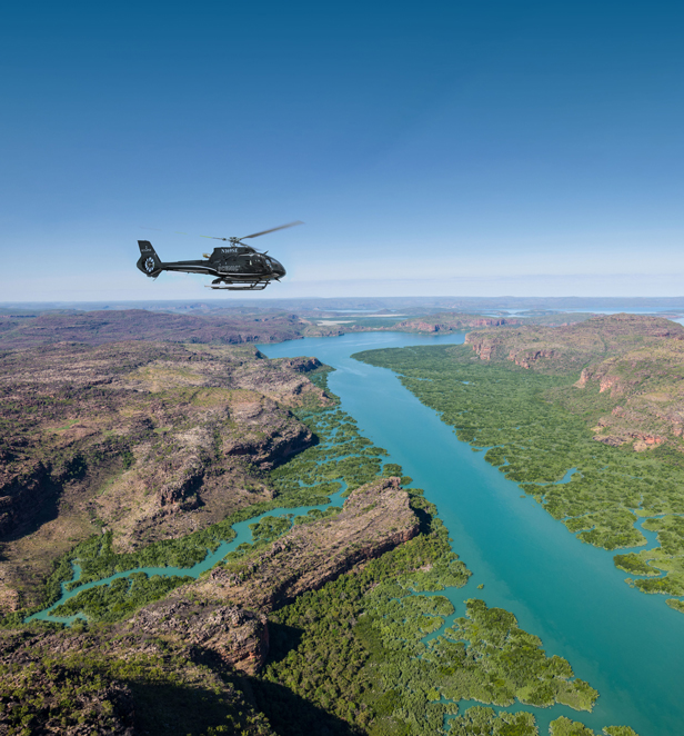 Scenic helicopter flying over Prince Frederick Harbour, WA